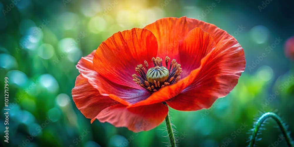 Obraz premium Stunning Closeup of a Vibrant Red Poppy Flower with Delicate Petals and Rich Green Background for Nature Lovers' Inspiration