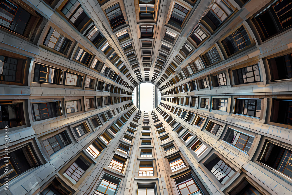 A stunning angular view looking up through a circular structure, showcasing intricate architectural details and symmetry in the building's design. A stunning angular view looking up through a circular structure, showcasing intricate architectural details and symmetry in the building's design.