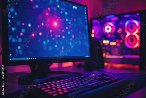 Modern gaming computer with water liquid cooling and RGB lighting in a dark room