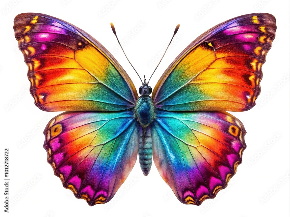 Obraz premium Vibrant butterfly resting on a white backdrop, crafted using generative AI, illustrating the beauty of nature with intricate details and vivid colors.