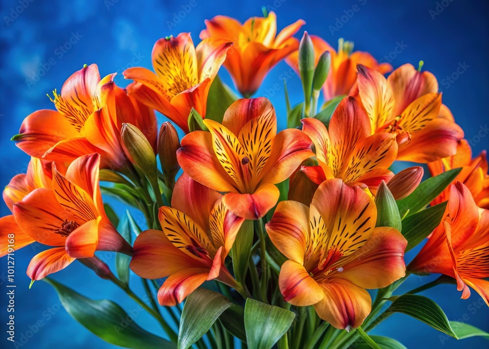 Fototapeta premium Vivid orange Alstroemeria flowers pop against a bright blue backdrop, creating a stunning floral arrangement perfect for enhancing any decorative setting.