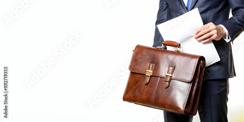 A professional holding a briefcase and reviewing financial documents against a plain white background captured with a slight angle to emphasize readiness and professionalism. concept as Depicts profes