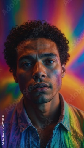 Young man in colorful shirt with psychedelic collage backdrop