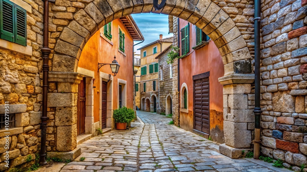 Fototapeta premium Forced perspective view of arch on stone-paved Garzotto street in Rovinj, Croatia