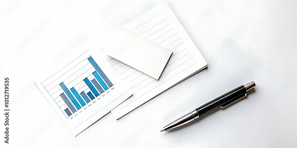 Professional Flat Lay of Business Cards, Pen, and Financial Report on White Background for Corporate Services Advertising Professional Flat Lay of Business Cards, Pen, and Financial Report on White Background for Corporate Services Advertising