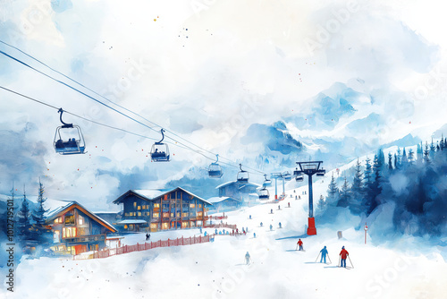 A serene winter landscape featuring ski lifts, snow-covered chalets, and skiers amidst a beautiful blue and white watercolor scene.