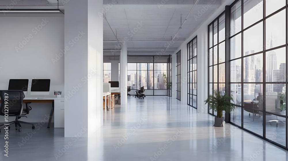 mock up Spacious office interior with white walls, windows with city view. 3d rendering mock up Spacious office interior with white walls, windows with city view. 3d rendering