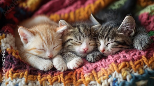 Kittens asleep on a multicolored blanket