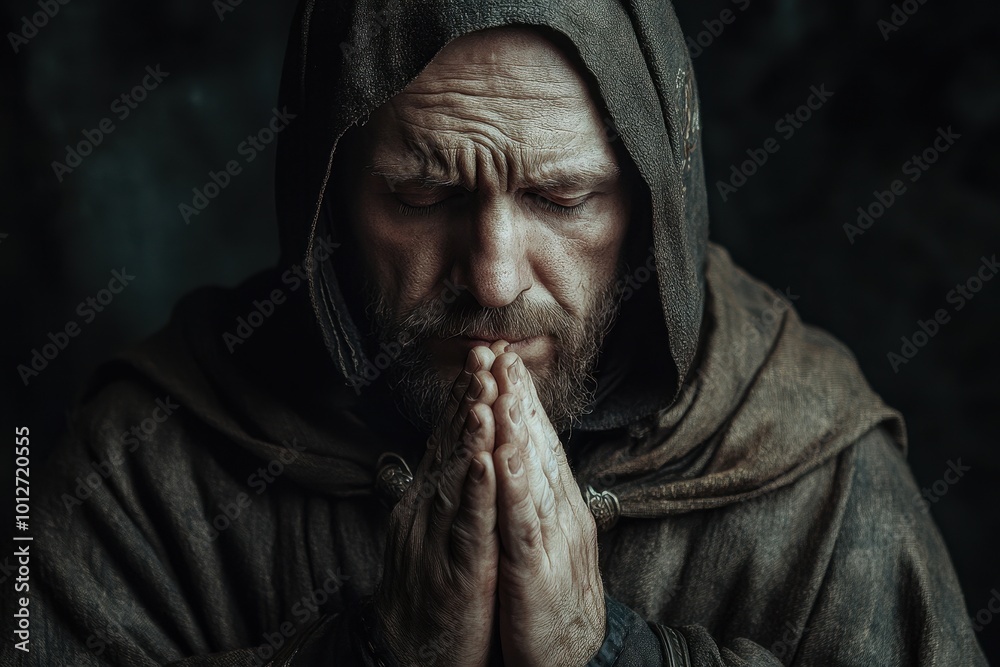 Monk praying in medieval times with eyes shut Monk praying in medieval times with eyes shut