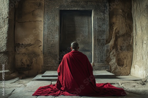 Monk praying at tomb photo