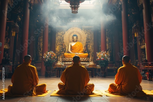 Monks praying at temple