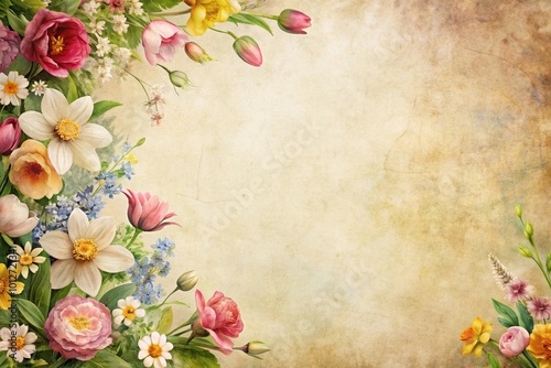 Forced perspective vintage background with spring flowers on white