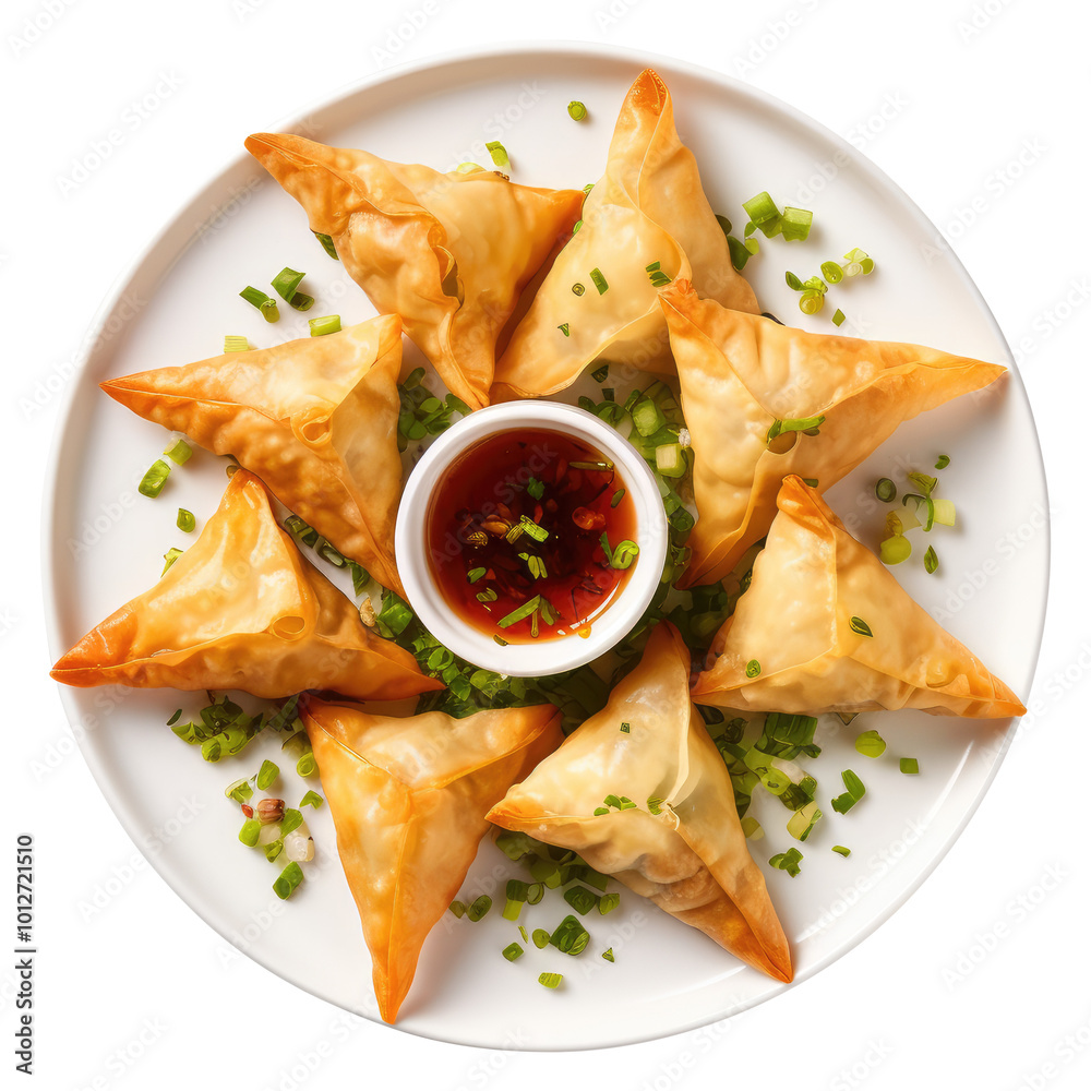 plate of vegetarian samosas top view, isolated on transparent white background, clipping path plate of vegetarian samosas top view, isolated on transparent white background, clipping path