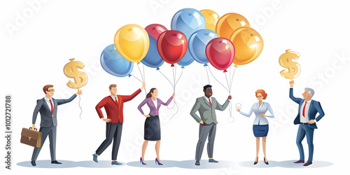 Promotional Currency-Shaped Balloons Distributed by Marketers at Corporate Event: Candid Shot Capturing the Festive Atmosphere on White Background