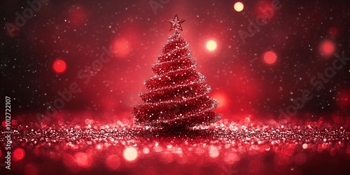 A red sparkly Christmas tree on a red glitter background.