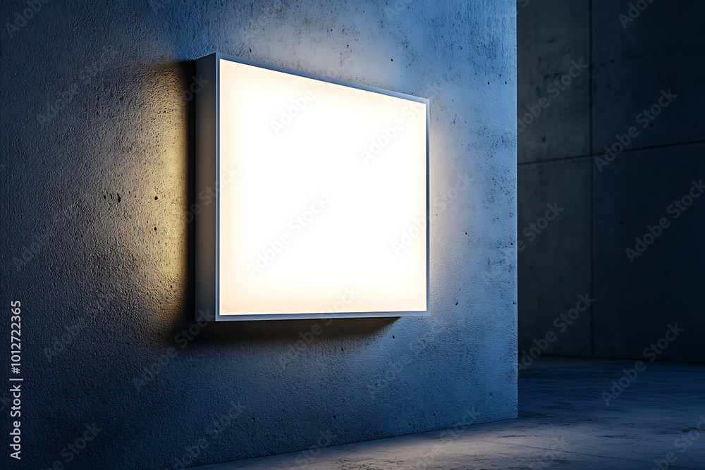 Luminous square sign mockup casting a bright light on a concrete wall at night. 3D Rendering Luminous square sign mockup casting a bright light on a concrete wall at night. 3D Rendering