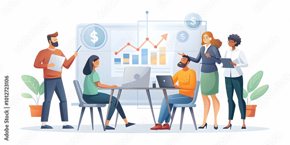 Candid Photo of Marketers Analyzing Sales Data with Currency Symbols in Collaborative Workspace, Focused Team Interaction in Open Office Concept for Stock Photography