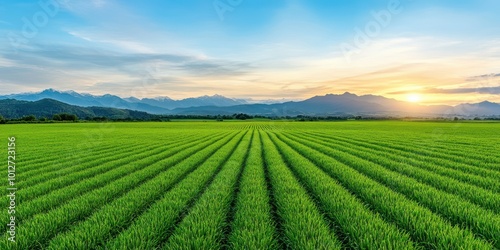 Green Field With Mountains Sunset Landscape