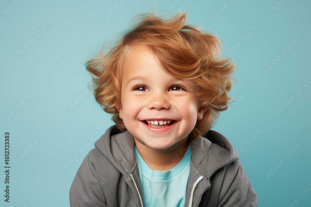 Portrait of a smiling little boy in a gray hoodie on a blue background Portrait of a smiling little boy in a gray hoodie on a blue background
