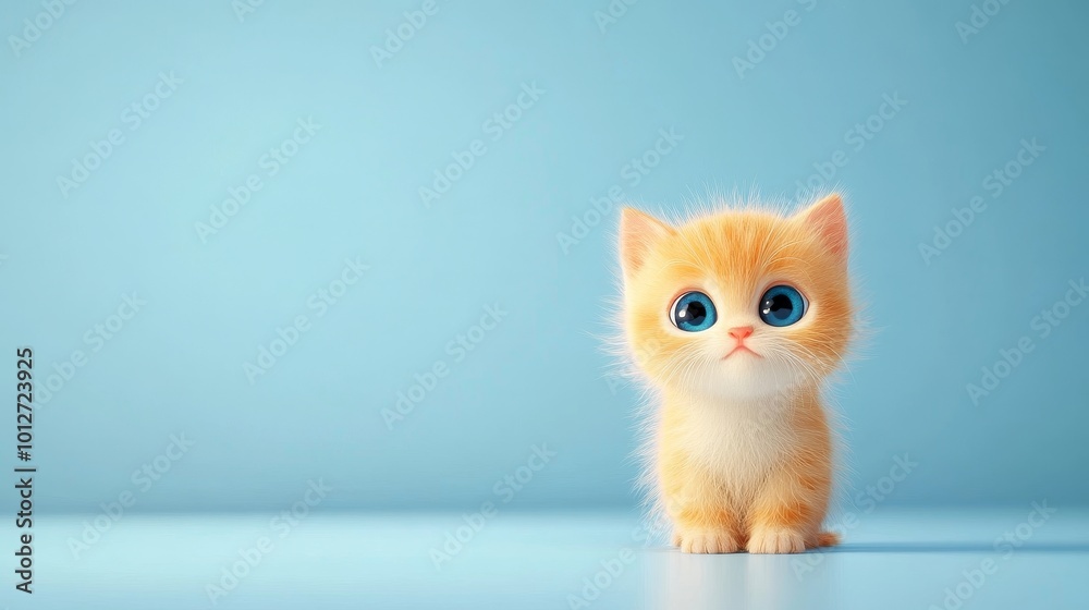 A cute cartoon kitten with big blue eyes and orange fur sits on a light blue background, radiating innocence and playfulness. A cute cartoon kitten with big blue eyes and orange fur sits on a light blue background, radiating innocence and playfulness.