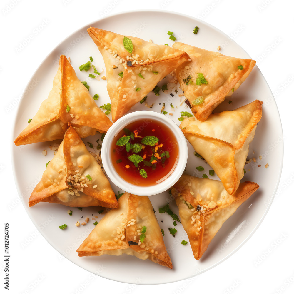 plate of vegetarian samosas top view, isolated on transparent white background, clipping path plate of vegetarian samosas top view, isolated on transparent white background, clipping path