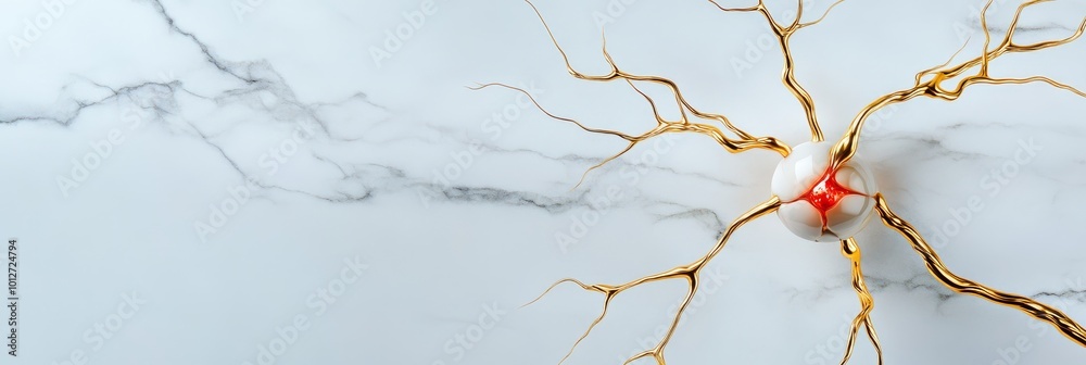 A golden nerve branch structure spreads out from a central red and white sphere, symbolizing connection, growth, and the beauty of the human body. The marble background adds a sense of elegance and so A golden nerve branch structure spreads out from a central red and white sphere, symbolizing connection, growth, and the beauty of the human body. The marble background adds a sense of elegance and so