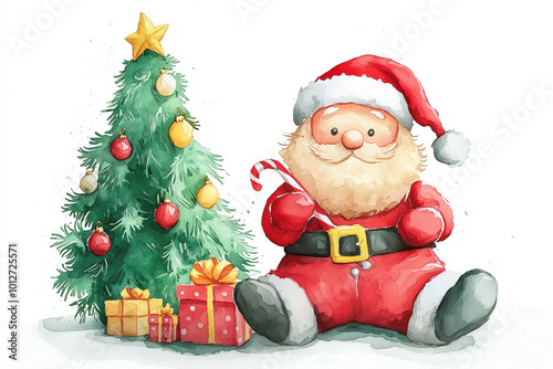 A jolly Santa Claus sits beside a decorated Christmas tree with colorful presents, embodying the festive spirit of the holiday season.