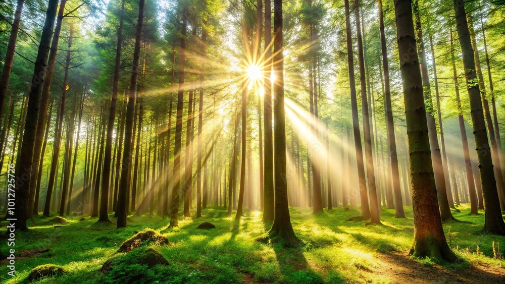 Fototapeta premium Forest background with sunlight filtering through the trees