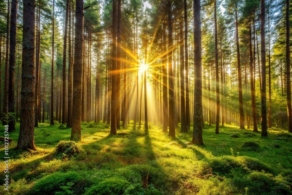 Fototapeta premium Forest background with sunlight shining down