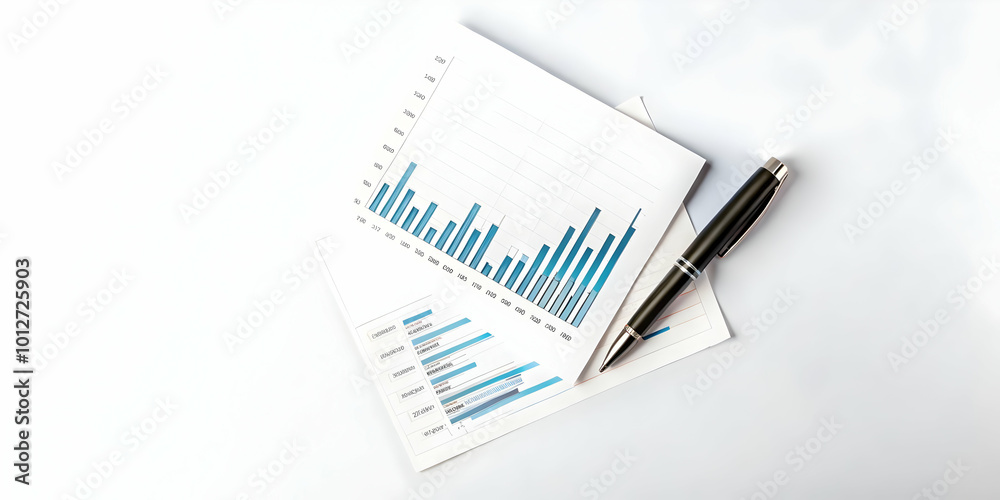 A creative flat lay of business cards a sleek pen and a financial report on a plain white background captured with a top down static shot to emphasize professionalism and organization. concept as High A creative flat lay of business cards a sleek pen and a financial report on a plain white background captured with a top down static shot to emphasize professionalism and organization. concept as High