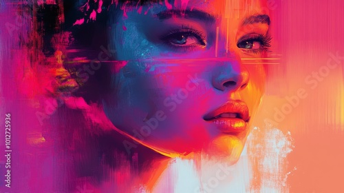 A mesmerizing digital portrait of a woman with vibrant colors and dynamic brushstrokes, representing abstract art, femininity, beauty, technology, and individuality.