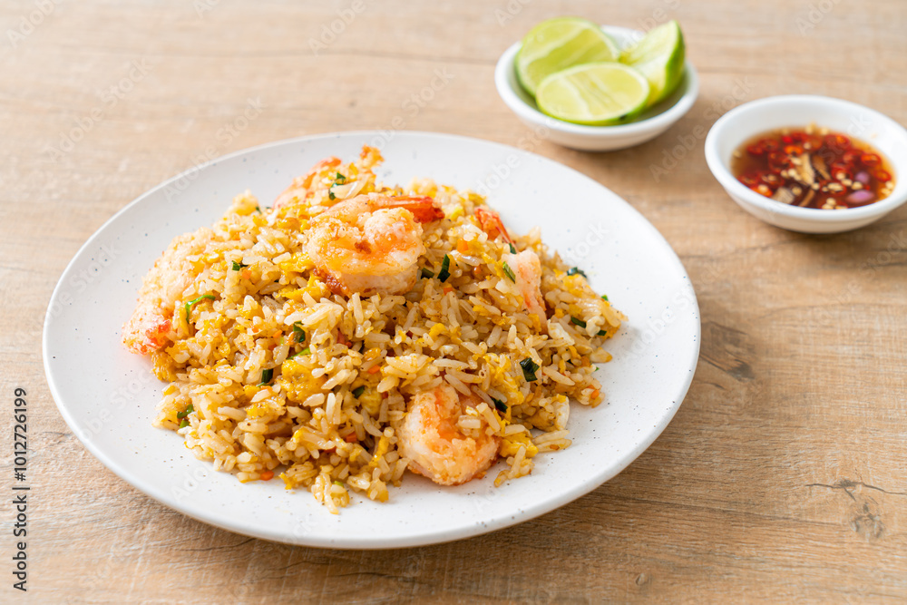 fried shrimps fried rice on plate fried shrimps fried rice on plate