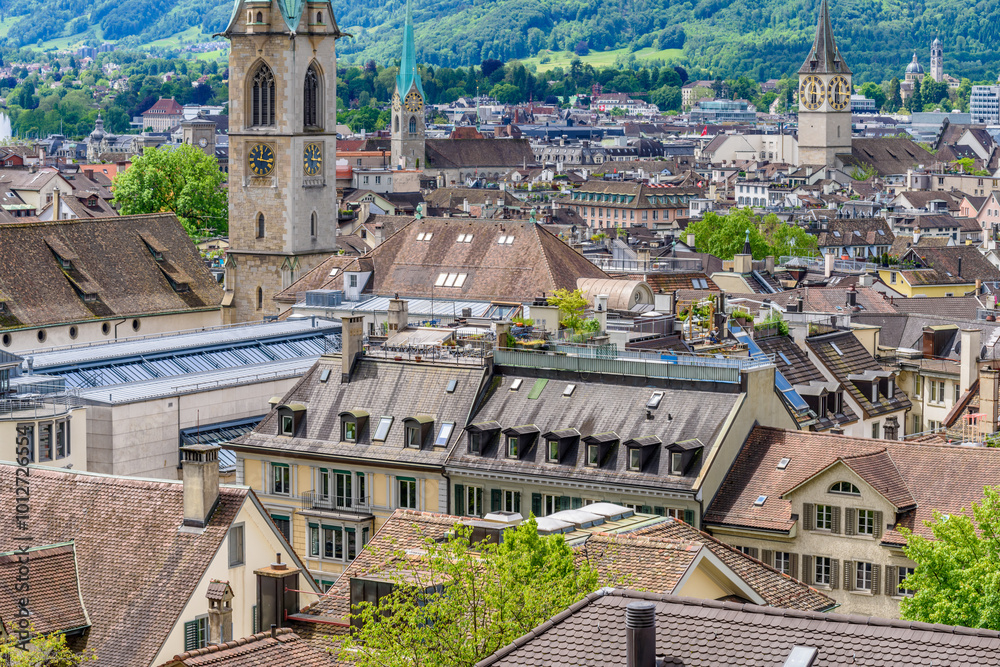 Obraz premium Architectural Elements of Historical buildings in the center of Zurich, Switzerland.