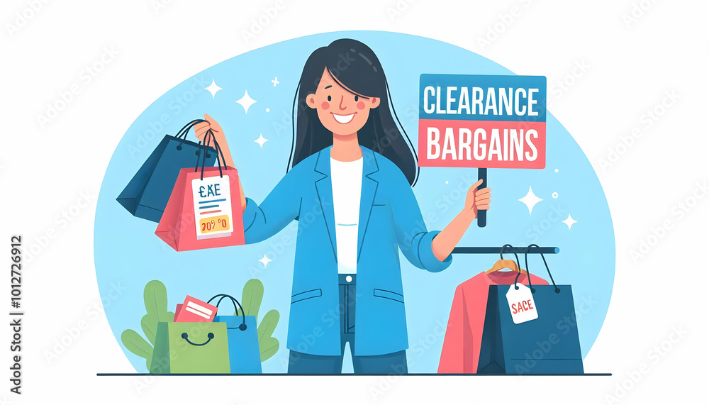Flat Candid Shopper Happy with Clearance Bargains concept as A candid shot of a shopper holding up clearance bargains with a big smile highlighting the joy of finding great deals. The image is perfect Flat Candid Shopper Happy with Clearance Bargains concept as A candid shot of a shopper holding up clearance bargains with a big smile highlighting the joy of finding great deals. The image is perfect