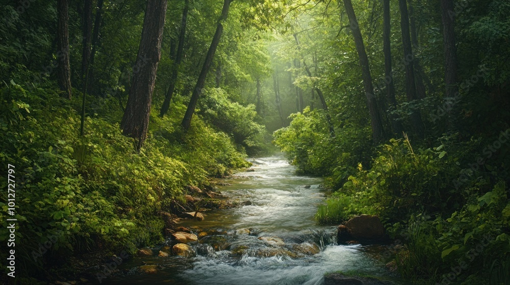 Obraz premium Tranquil Stream in a Lush Forest