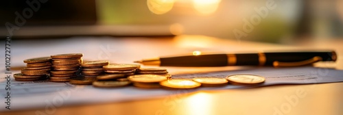 A stack of coins rests on an invoice, symbolizing the cost of bills and taxes. A pen sits nearby, ready to sign the payment. This image represents financial responsibility, budgeting, and the importan photo