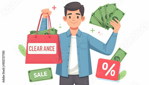 Flat Candid Shopper Expressing Joy Holding Cash Savings from Clearance Sale - A Simple, Engaging Vector Illustration for Retail Promotions and E-Commerce Marketing on Discounts and Consumer Satisfacti photo