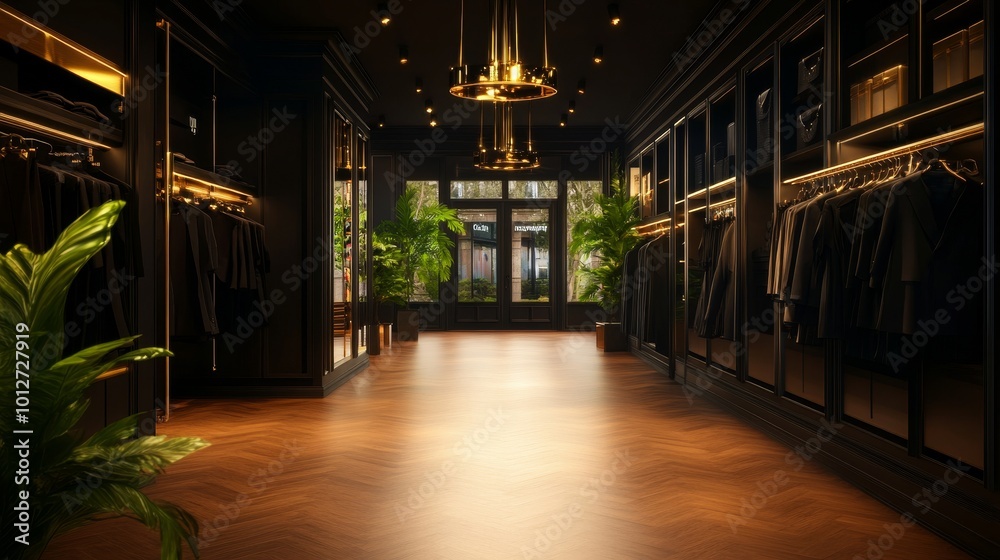 A stylish and luxurious fashion boutique interior showcasing a modern design with sleek black cabinets, a wooden floor, and a stunning golden chandelier. The boutique features a spacious layout with A stylish and luxurious fashion boutique interior showcasing a modern design with sleek black cabinets, a wooden floor, and a stunning golden chandelier. The boutique features a spacious layout with