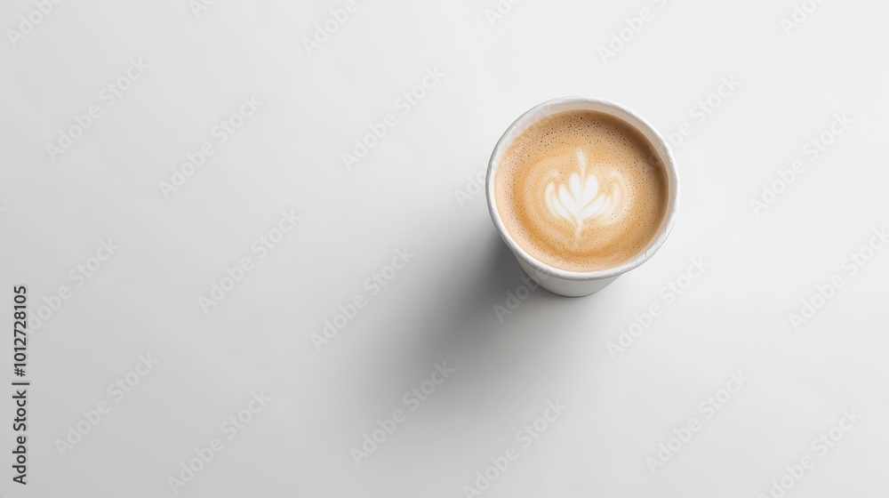 A top view of a latte in a paper cup with a beautiful flower design in the foam. This image represents a warm, comforting beverage, the perfect start to the day. A top view of a latte in a paper cup with a beautiful flower design in the foam. This image represents a warm, comforting beverage, the perfect start to the day.