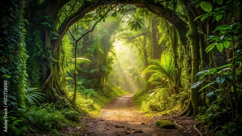 Fototapeta Naklejka Na Ścianę i Meble -  Forest path through dense trees with a portal in the jungle