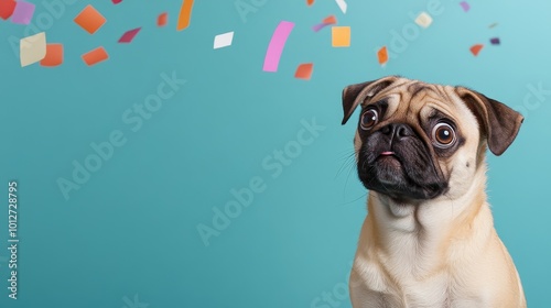 A wide-eyed pug looks up in surprise as confetti falls around it, symbolizing joy, celebration, excitement, playfulness, and happiness.
