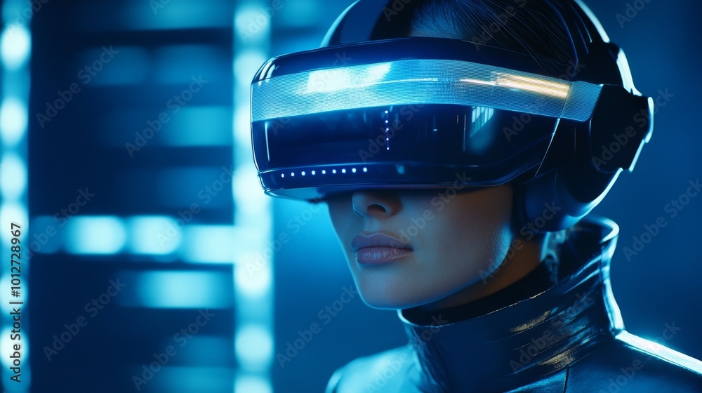 A woman with a determined expression is immersed in a virtual reality experience, her eyes focused on a digital world. The futuristic headset and blue lighting create an atmosphere of innovation and e A woman with a determined expression is immersed in a virtual reality experience, her eyes focused on a digital world. The futuristic headset and blue lighting create an atmosphere of innovation and e