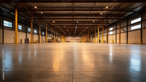 A wide shot of a spacious, contemporary, vacant warehouse with high ceilings, concrete floors, and natural light.