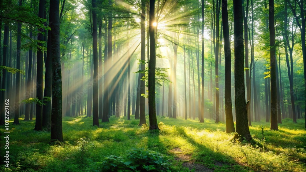 Fototapeta premium Forest scene with light filtering through trees