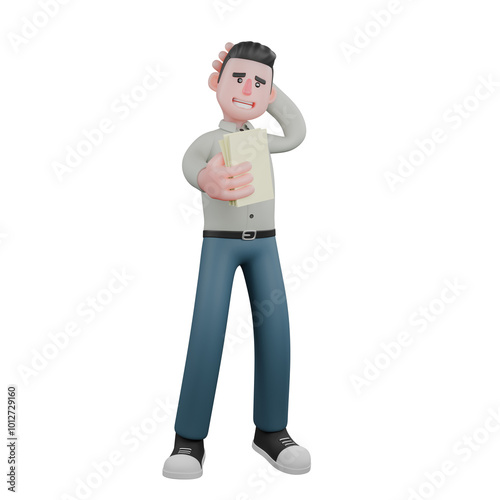 Male Creative Artist 3D Model. A male writer is standing holding a white book while the other hand is holding the back of his head. Writer Cartoon