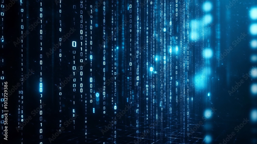 Abstract digital binary data stream falling on a computer screen background, symbolizing technology, code, data flow, information, and the digital world. Abstract digital binary data stream falling on a computer screen background, symbolizing technology, code, data flow, information, and the digital world.