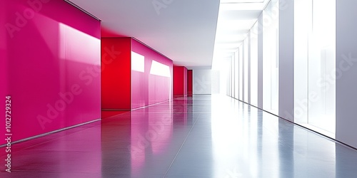 Bright, long hallway with pink walls and bright light coming in from windows at the end.