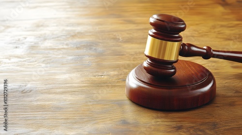 Close-up of a gavel on a wooden desk, symbolizing authority and importance of election rules, with copy space for text or design