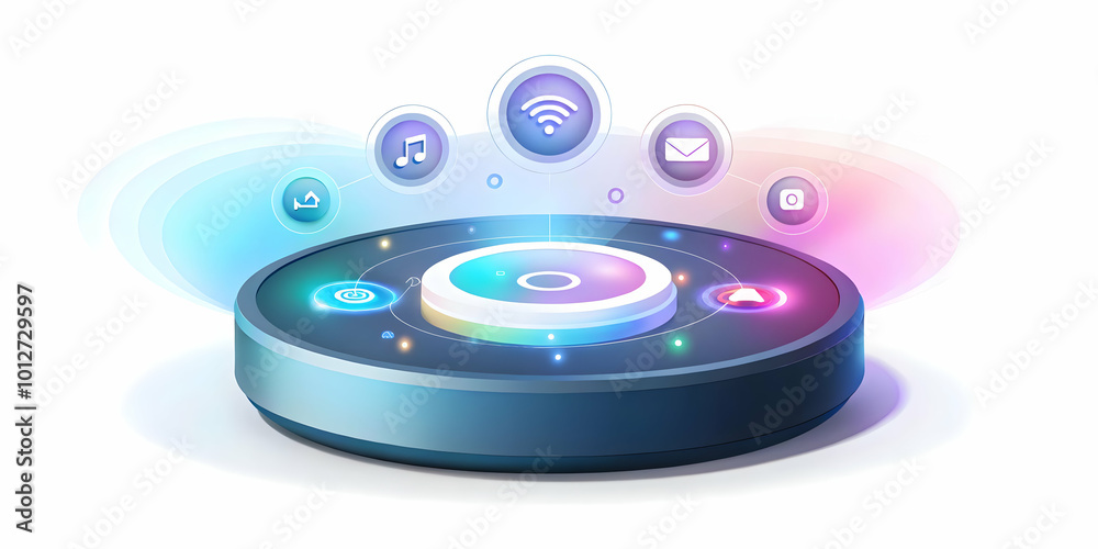 Flat Holographic Smart Home Hub with Floating IoT Icons - Tracking Shot in Simple Vector Style, Perfect for Business Use, Copy Space on All Sides Flat Holographic Smart Home Hub with Floating IoT Icons - Tracking Shot in Simple Vector Style, Perfect for Business Use, Copy Space on All Sides