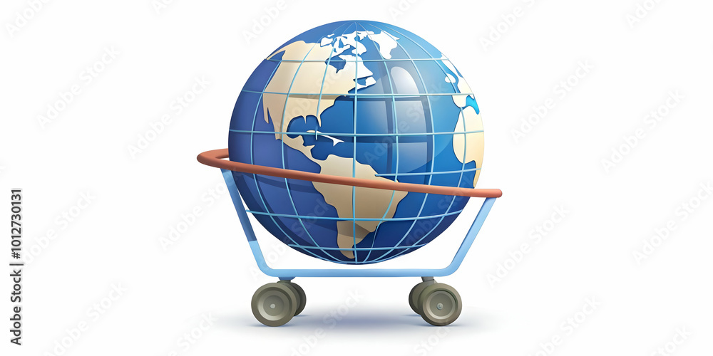 Fototapeta premium Vector icon of a shopping cart with a globe inside representing global e commerce. concept as A modern vector illustration of a shopping cart containing a globe symbolizing international online shoppi